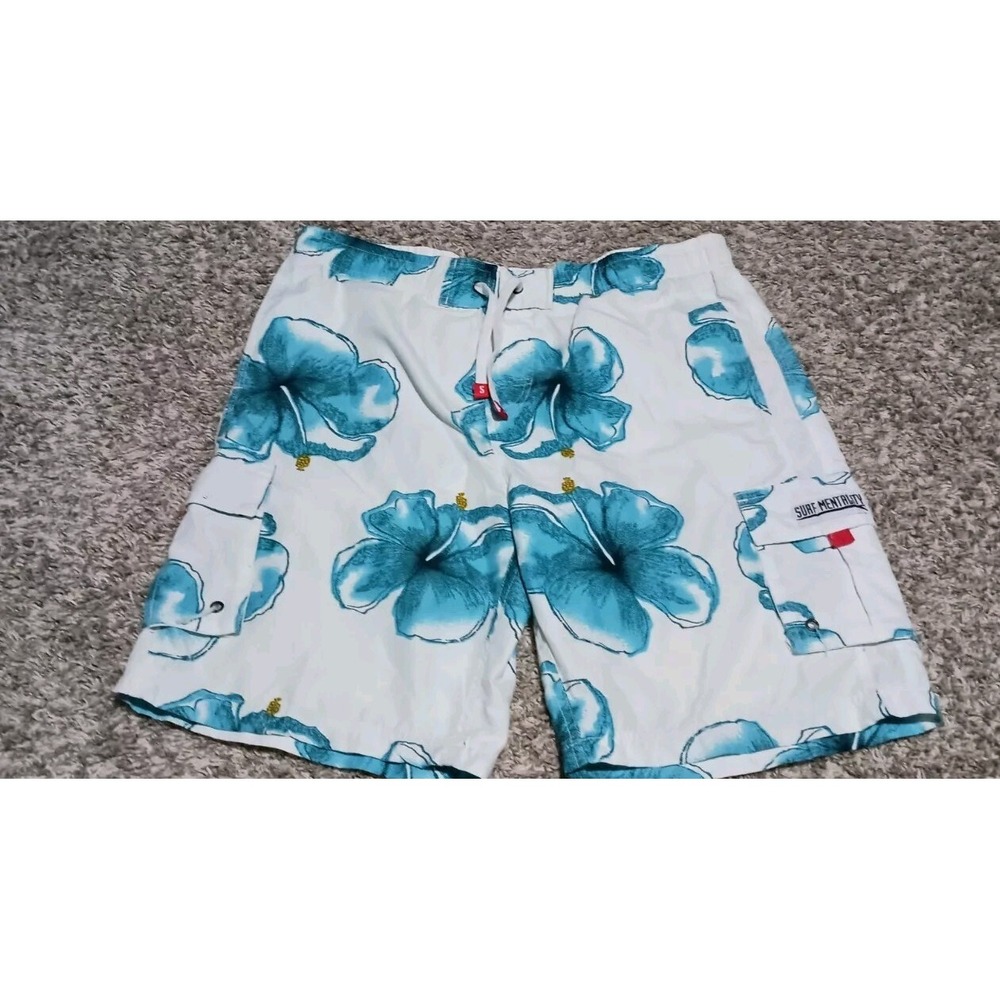 Surf Mentality Board Shorts Mens Large Blue White Hibiscus Floral Swim Trunks Be
